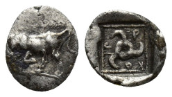 Dynasts of Lycia. Uncertain mint. Kuprilli or Kubernis 470-440 BC. Hemiobol AR (9mm, 0.5 g). Bull butting to left / KO-Π-P, triskeles; all within incu...