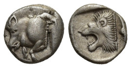 MYSIA, Kyzikos. Circa 450-400 BC. AR Obol (10mm, 1.24 g). Forepart of boar left, tunny to right / Head of lion left within incuse square.