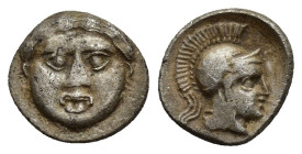Pisidia, Selge AR Obol. (10mm, 0.87 g) 350-300 BC. Facing gorgoneion / Helmeted head of Athena right.