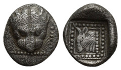 Islands off Ionia. Samos after circa 512 BC. Hemidrachm AR (11mm, 1.54 g) Lion's scalp facing within dotted square / Head of bull left in dotted doubl...