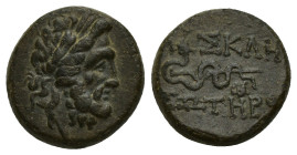 Mysia. Pergamon circa 133-27 BC. Bronze Æ (14mm, 3.5 g). Laureate head of Asklepios right / AΣKΛHΠIOY ΣΩTHPOΣ, serpent-entwined staff of Asklepios...