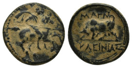 IONIA, Magnesia ad Maeandrum. Circa 350-200 BC. Æ (15mm, 2.7 g). Kleinias, magistrate. Horseman with couched lance right / Bull butting right within m...