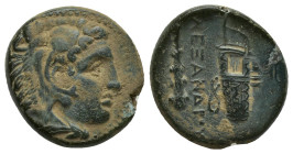 Macedonian Kingdom. Alexander III the Great. 336-323 B.C. AE (17mm, 5.3 g). Macedonian mint. Head of Alexander as young Heracles right, wearing lion-s...