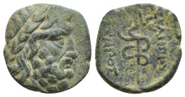 Mysia, Pergamon, c. 133-27 BC. AE (17mm, 3.5 g) Laureate head of Asklepios right Rev. Serpent-entwined staff of Asklepios.