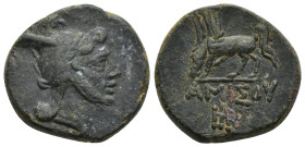 Pontos. Amisos. Time of Mithradates VI Eupator 120-63 BC. Bronze Æ (22mm, 12.6 g) Head of Perseus right, wearing Phrygian cap / AMIΣOY, Pegasos grazin...