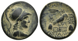 PHRYGIA, Apameia. Circa 88-40 BC. Æ (22mm, 7.1 g). Attalos, son of Bianoros, magistrate. Bust of Athena right, wearing crested Corinthian helmet and a...