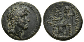 SELEUKID KINGS of SYRIA. Æ (19mm, 7 g). Laodicea ad Mare mint. Diademed head right / ΛAOΔIKEΩN TΩN ΠΡOΣ ΘAΛAΣΣHI, Poseidon seated left, holding dolphi...