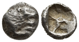 Karia, uncertain mint AR Diobol. (12mm, 1.8 g) Late 6th–early 5th centuries BC. Forepart of lion or lioness to right / Incuse square.