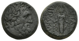 Phrygia, Apameia Æ (18mm, 14 g) Circa 88-40 BC. Heraklei-, and Eglo-, magistrates. Laureate head of Zeus right / Cult statue of Artemis Anaïtis facing...