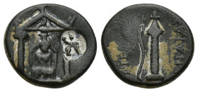 Pamphylia. Perge. Ae (16mm, 3.7 g) (3rd century BC). Cult statue of Artemis Pergaion within distyle temple. c/m: Sphinx seated right within round incu...