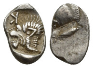 Kyzikos. AR Obol. Circa 450-400 BC (10mm, 0.8 g). Head of roaring lion left; retrograde K at upperleft: all within incuse square. Rev.: Forepart of bo...