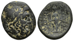 PHRYGIA, Apameia, (Circa 100-50 BC). Menod-, magistrate. Ae. (22mm, 7.1 g) Obv: APAME / ΜΗΝΟΔΟ / ENEM Laureate head of Zeus right. Rev: Cult statue of...