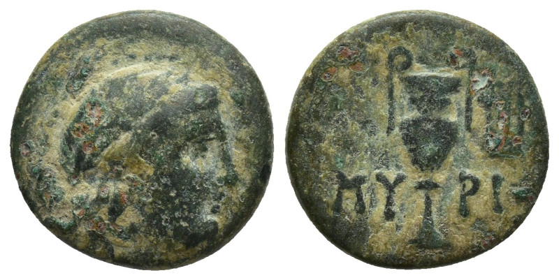 AEOLIS. Myrina. Ae (16mm, 3.5 g) (2nd-1st centuries BC). Obv: Laureate head of A...