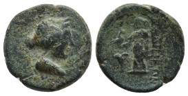 PHRYGIA. Laodicea. Ae (15mm, 3.7 g) (2nd-1st century BC). Obv: Head of Aphrodite right, wearing stephane. Rev: ΛAOΔIKEΩN. Aphrodite standing left, hol...