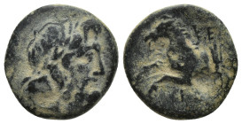PISIDIA, Termessos. 1st century BC. Æ (17mm, 4 g). Dated CY 25 (47/6 BC). Laureate head of Zeus right / Forepart of horse left; KE (date) above, thund...
