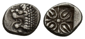 Satraps of Caria. Miletos. Hekatomnos 392-377 BC. Obol AR (9mm, 1 g). Head of lion facing left / Stellate pattern within incuse square.