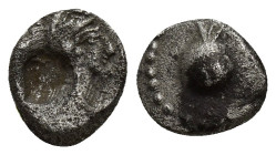 PAMPHYLIA, Side. Circa 460-430 BC. AR Obol (8.6mm, 0.84 g) Obv: Helmeted head of Athena right within incuse square. Rev: Pomegranate.
