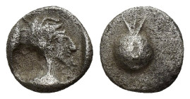 PAMPHYLIA, Side. Circa 460-430 BC. AR Obol (8mm, 0.73 g) Obv: Helmeted head of Athena right within incuse square. Rev: Pomegranate
