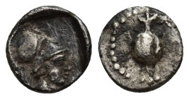 PAMPHYLIA, Side. Circa 460-430 BC. AR Obol (9mm, 0.68 g) Obv: Helmeted head of Athena right within incuse square. Rev: Pomegranate