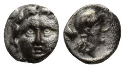 PISIDIA, Selge. Circa 300-190 BC. AR Obol (9mm, 0.9 g). Gorgoneion with flowing hair / Head of Athena right, wearing winged and crested Attic helmet; ...
