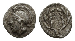 Aeolis, Elaia AR Obol. (7mm, 0.54 g) Circa 350-320 BC. Helmeted head of Athena left / Olive wreath, EΛA below.