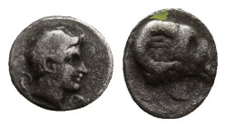 Caria. Halikarnassos circa 400-340 BC. Hemiobol AR (7mm, 0.46 g). Young male head right, Karian legend S-A across fields. / Head of ram right.