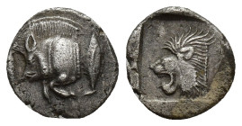 MYSIA, Kyzikos. Circa 450-400 BC. AR Obol (10mm, 0.9 g). Forepart of boar left, tunny to right / Head of lion left within incuse square.