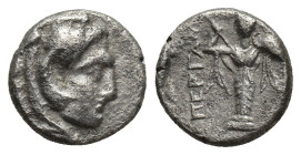 Mysia, Pergamon AR Diobol. (10mm, 1.13 g) Circa 310-282 BC. Head of Herakles right, wearing lion's skin / Archaistic Palladion: statue of Pallas Athen...