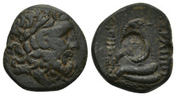 Mysia, Pergamon. Ca. 200-113 B.C. AE (18mm, 6.9 g) Laureate head of Asklepios (or Zeus) right Rev: ΑΣΚΛΗΠΙΟΥ / ΣΩΤΗΡΟΣ, serpent-entwined staff of Askl...