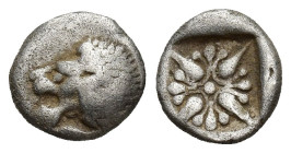 Ionia Miletos Lion AR Obol. (8mm, 1 g) 6th-5th century B.C. Obv: lion's head. Rev: stylised rosette in incuse square.