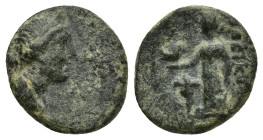 Phrygia. Laodikeia 200-100 BC. Bronze Æ (14mm, 2 g). Draped bust of Aphrodite right, wearing stephane / ΛAOΔIKEΩN, Aphrodite standing left, holding do...