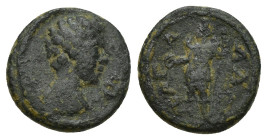PISIDIA. Sagalassus. Uncertain, Ae (12mm, 1.8 g) Obverse: bare head of Hermes, r.; to r., caduceus / Reverse: ϹΑΓΑΛΑϹ; Mên standing, l., wearing Phryg...