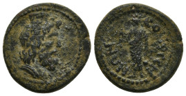 Phrygia. Kolossai. Pseudo-autonomous issue AD 117-138. Bronze Æ (20mm, 4.8 g) Bust of Serapis right, modius on head / KOΛOC CH-NΩN, Isis standing, hol...