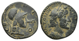 LYCAONIA. Iconium. Antoninus Pius (138-161). Ae. (17mm, 3.9 g) Obv: COL ICO. Helmeted and draped bust of Athena right. Rev: ANTONINVS AVG PIVS. Laurea...
