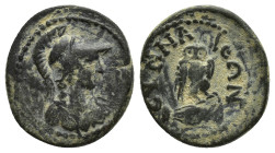 PHRYGIA, Synnada. Pseudo-autonomous (2nd-3rd centuries). AE. (16mm, 2.7 g) Obv: Helmeted bust of Athena right, wearing aegis. Rev: CVNNAΔЄΩN. Owl, wit...
