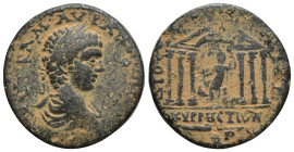CYRRHESTİCA, Cyrrhus, Elagabalus (218-222 AD). Æ (28mm, 14.6 g). Laureate and draped bust r. R/ Hexastyle temple within which seated statue of Zeus Ka...