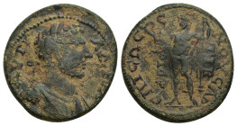 PHRYGIA, Tiberiopolis. Hadrian. AD 117-138. Æ (24mm, 7.2 g). T. Aelius Flavianus Sosthenes (archon). Laureate and draped bust right / Zeus standing le...