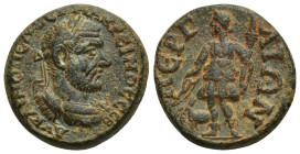 Pamphylia. Perge. Macrinus AD 217-218. Bronze Æ (23mm, 9.3 g) Laureate and cuirassed bust r. / Rev. ΠƐΡΓΑΙΩΝ; Artemis standing facing in short chiton,...