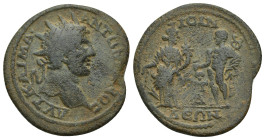 Pisidia, Isinda, Elagabalus (218-222 AD); AE (26mm, 7.7 g) Obverse: ΑΥΤ ΚΑΙ Μ Α ΑΝΤΩΝƐΙΝΟϹ; radiate head of Elagabalus, r. / Reverse: ΙϹΙΝΔƐΩΝ ƐΤ Δ; T...