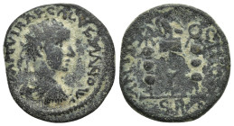 Pisidia, Antioch. Volusian. A.D. 251-253. AE (23mm, 6.8 g). IMP CAE RASLLOVNAHIAVC, radiate, draped, and cuirassed bust right, seen from behind / ANTO...