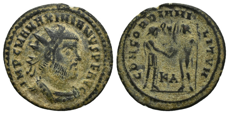 Maximianus AE Antoninianus. (23mm, 3.5 g) Cyzicus, AD 296. Radiate, draped, and ...