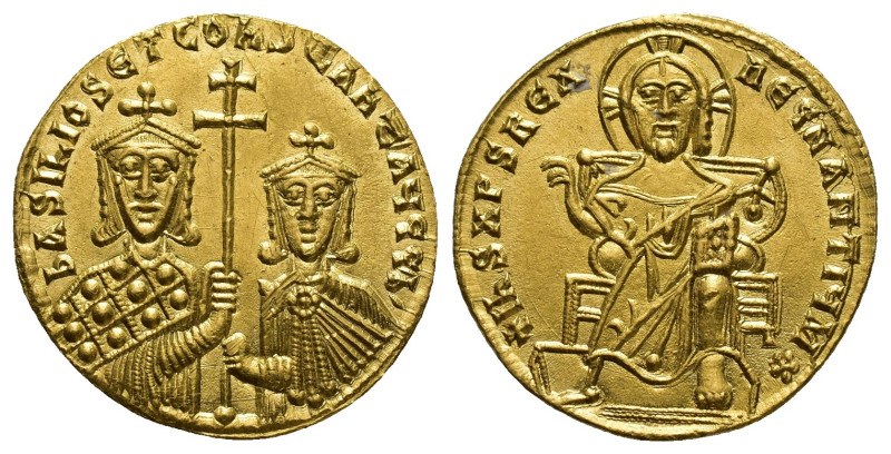 Basil I the Macedonian (AD 868-886), with Constantine. AV solidus (19mm, 4.44 g)...
