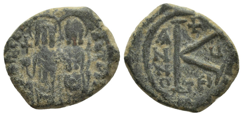 Justin II (565 - 578 AD) Thessalonica AE Half Follis (17mm, 5.7 g) Obv: D N IVST...