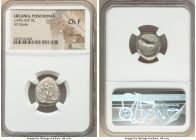 LUCANIA. Poseidonia. Ca. 470-420 BC. AR stater (18mm, 7h). NGC Choice Fine, edge filing. ΠΟΣE, Poseidon striding right, nude but for chlamys spread ac...