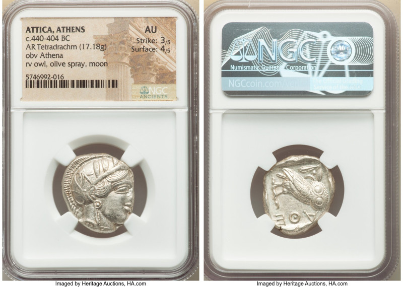 ATTICA. Athens. Ca. 440-404 BC. AR tetradrachm (24mm, 17.18 gm, 9h). NGC AU 3/5 ...