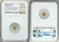 MYSIA. Cyzicus. Ca. 600-500 BC. EL 1/12 stater or hemihecte (9mm, 1.31 gm). NGC AU 5/5 - 5/5. Winged male figure standing left, tunny fish in each han...