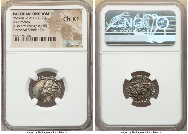 PARTHIAN KINGDOM. Pacorus I (ca. AD 78-120). AR drachm (20mm, 11h). NGC Choice X...