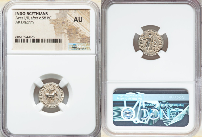 INDO-SCYTHIAN KINGDOM. Azes I/II (after ca. 58 BC). AR drachm (15mm, 6h). NGC AU...