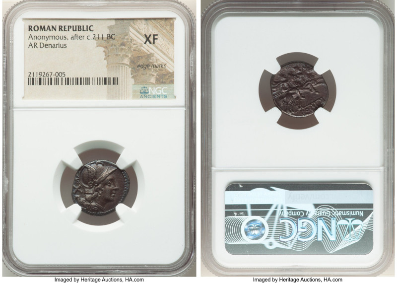 Anonymous. After ca. 211 BC. AR denarius (18mm, 5h). NGC XF, edge marks. Rome. H...