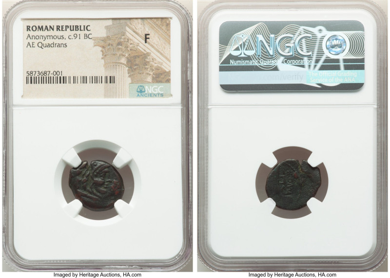 Anonymous. After ca. 211 BC. AE quadrans (18mm, 3h). NGC Fine. Rome. Head of Her...